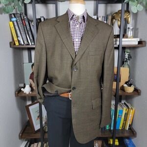 Andrew Fezza Men's Sport Coat Blazer Three Button Brown Plaid‎ Wool Size 44L
